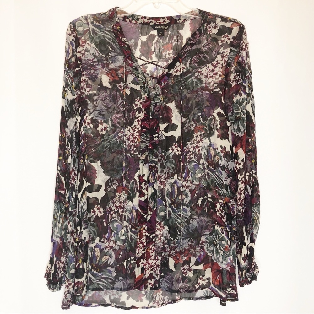 Lucky Brand Dark Floral Sheer Spring Peasant Style Boho Tunic Lace Up Top Medium